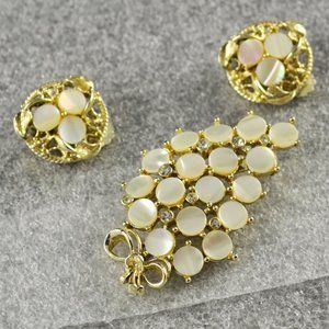 Mid-Century Amerique MOP w/ Rhinestone Accents Brooch & Clip-0n Earrings